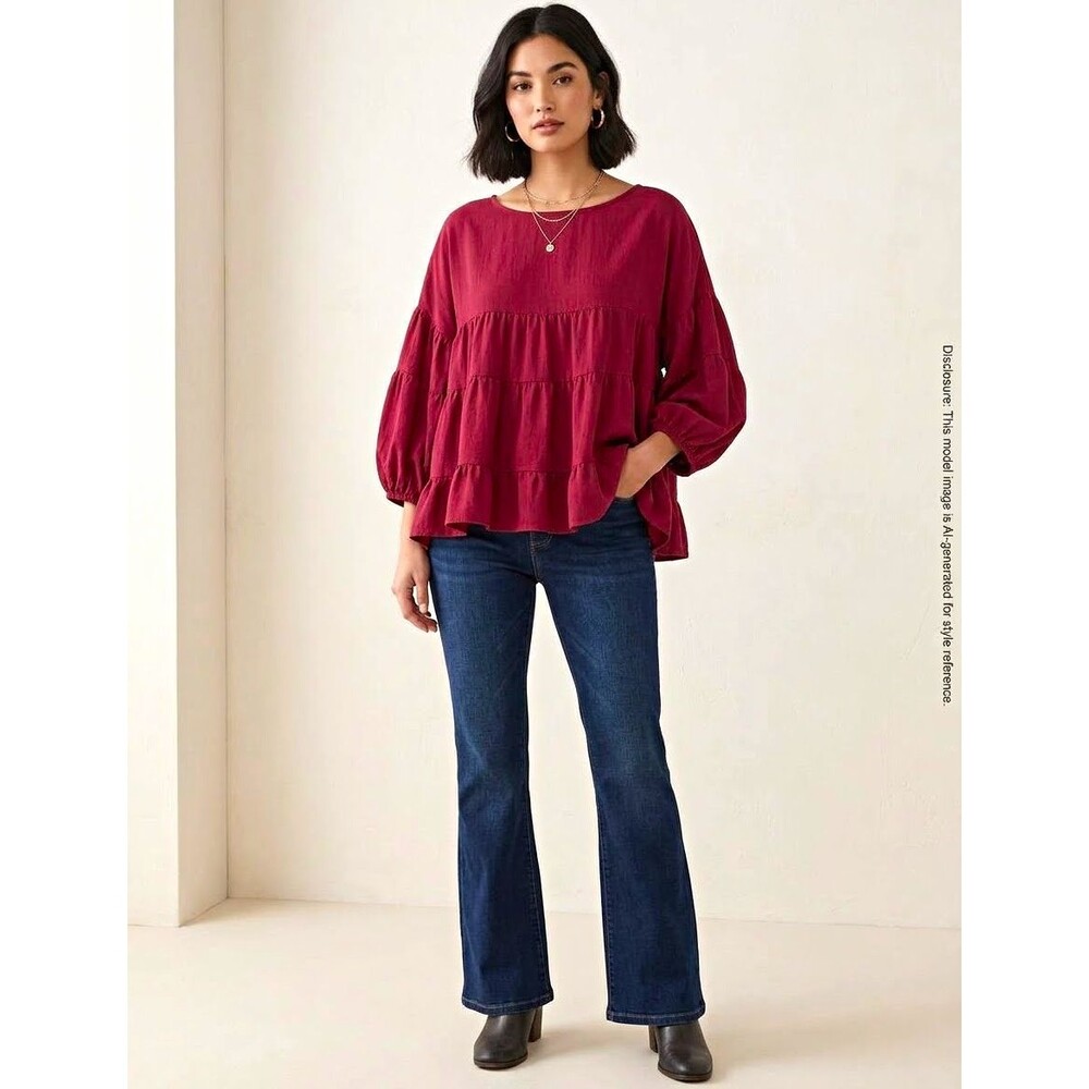 Burgundy Woven Rayon Tiered Ruffle Balloon Sleeve Blouse Boho Peasant Ren Faire